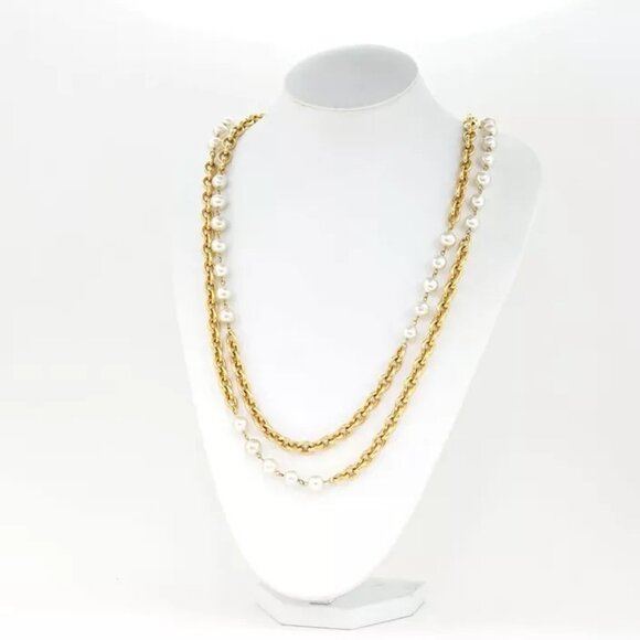 CHANEL Double Chain Pearl Long Necklace 37" Gold Tone Auth w/Box l1140 - Picture 4 of 16